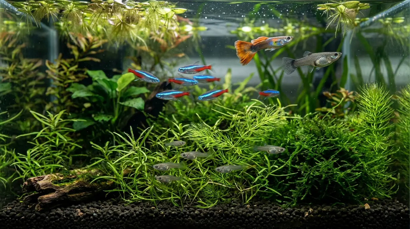 Dense aquarium plants providing hiding places for guppy fry while neon tetras swim nearby