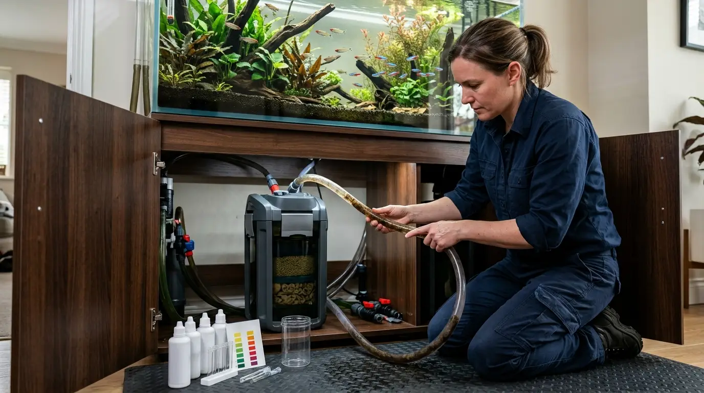 Aquarist inspecting aquarium filter hoses, substrate, and source water while troubleshooting persistent high nitrate levels.