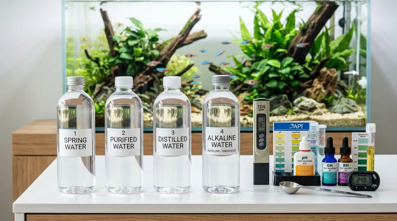 Spring, purified, distilled, and alkaline bottled water containers arranged beside a freshwater aquarium for comparison.