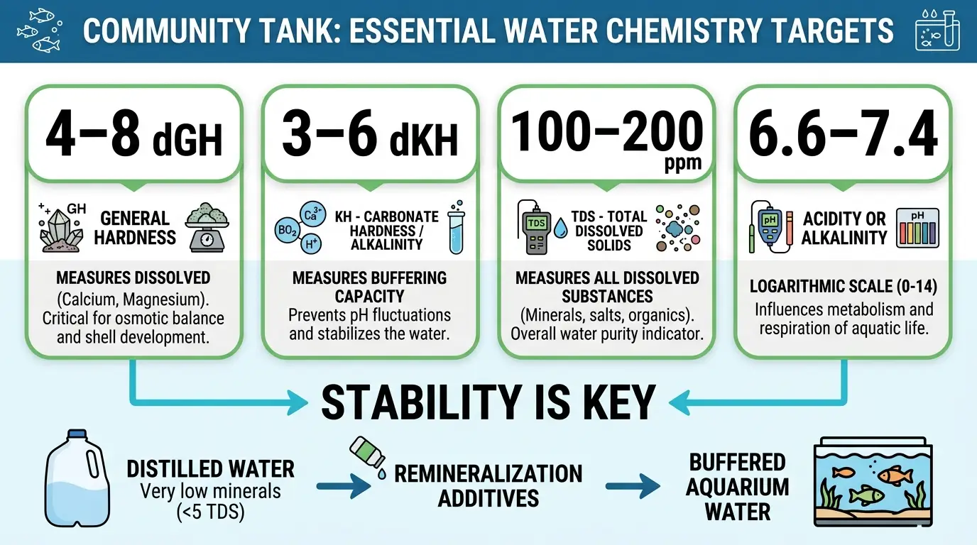 Aquarium water parameter guide showing GH KH TDS and pH targets for remineralized distilled water