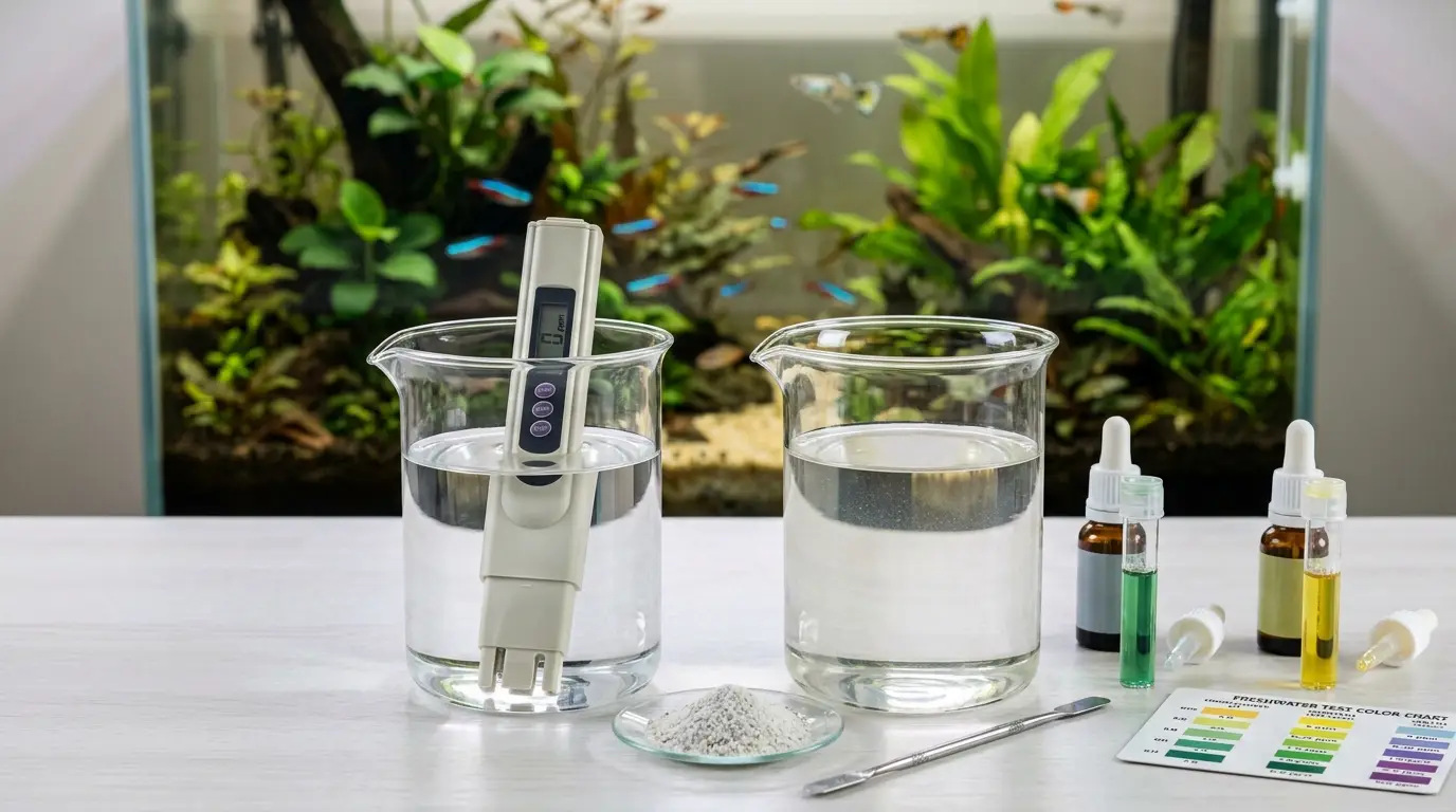 Distilled water being compared with mineral-rich aquarium water showing the importance of GH KH and TDS