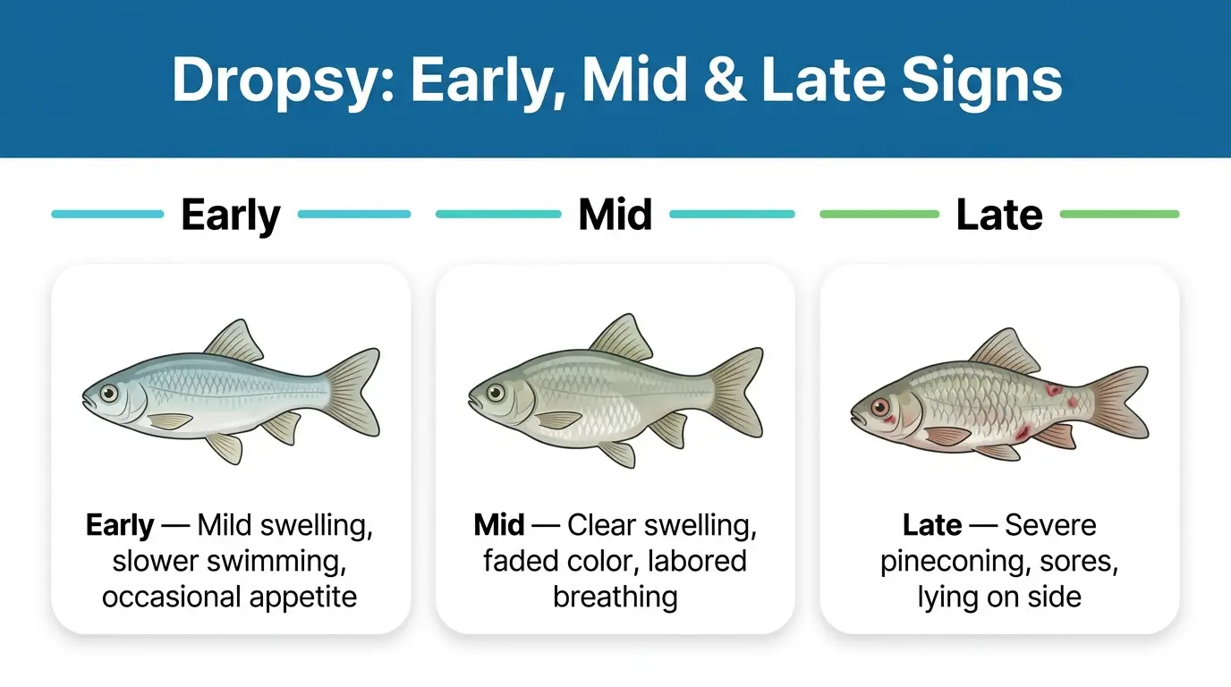Educational comparison showing early, moderate, and advanced visible signs of dropsy in freshwater fish.