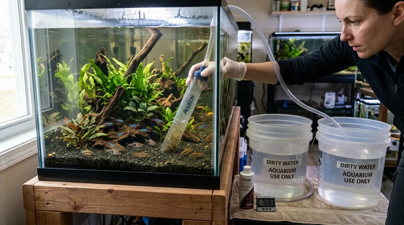 Aquarist siphoning aquarium water into a bucket during an emergency water change to address elevated nitrite levels.