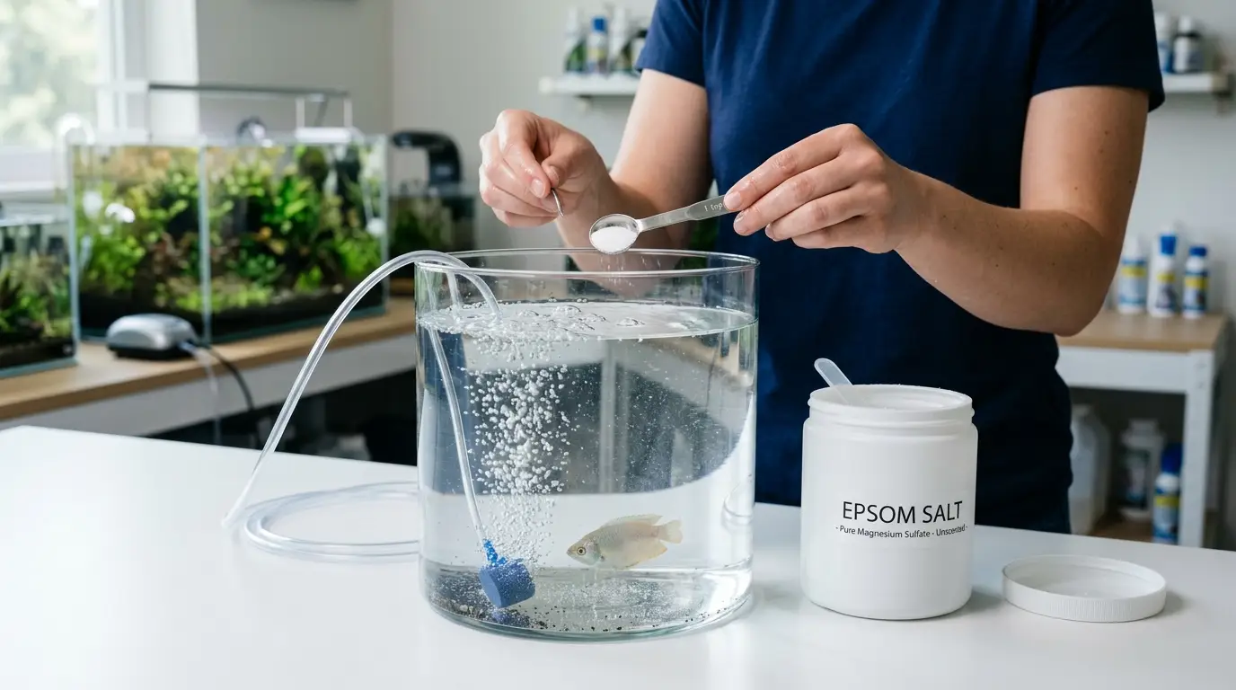 Aquarist preparing a carefully aerated separate container for supportive Epsom salt treatment of a sick freshwater fish.