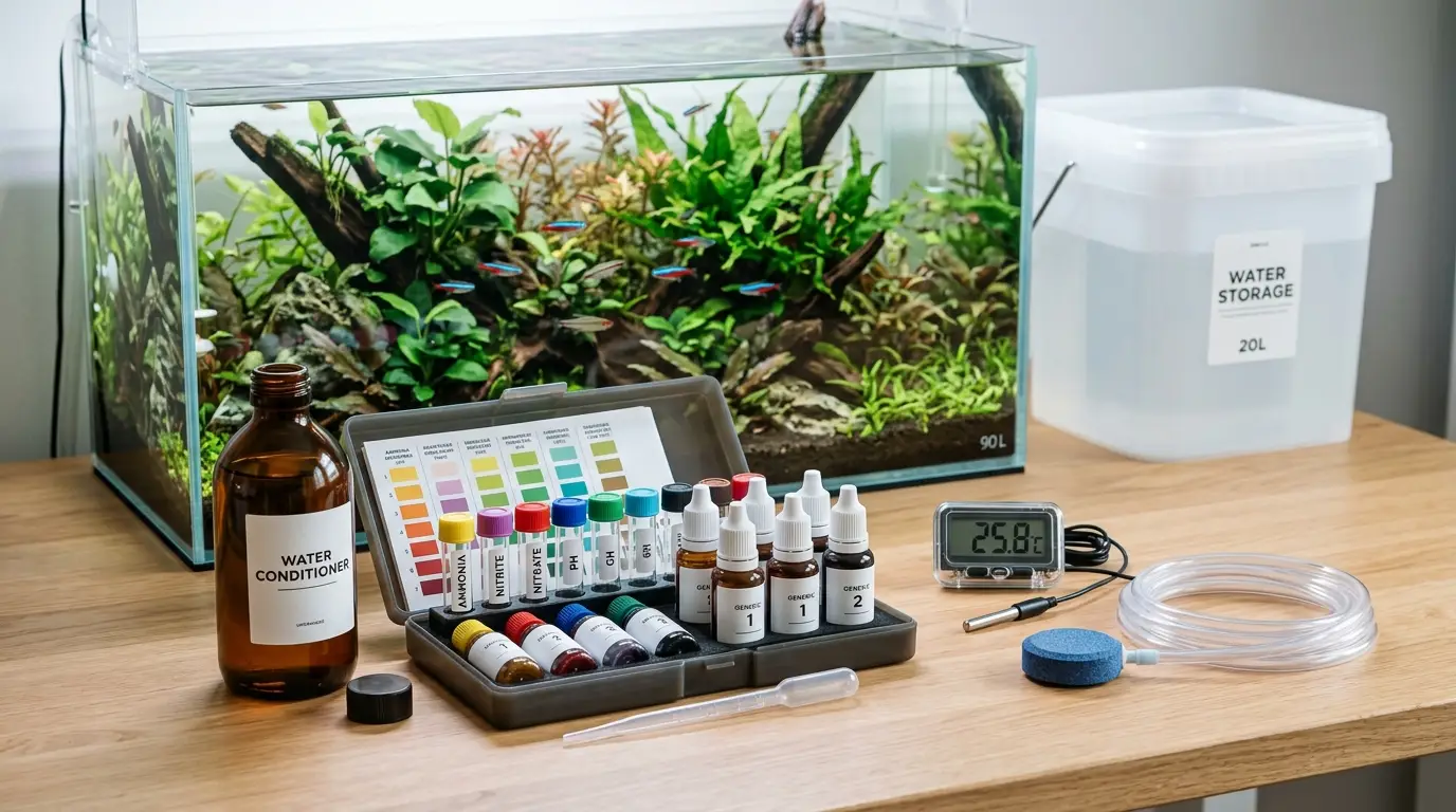 Aquarium water conditioner, liquid test kits, thermometer, air stone, and water storage container arranged beside a fish tank.