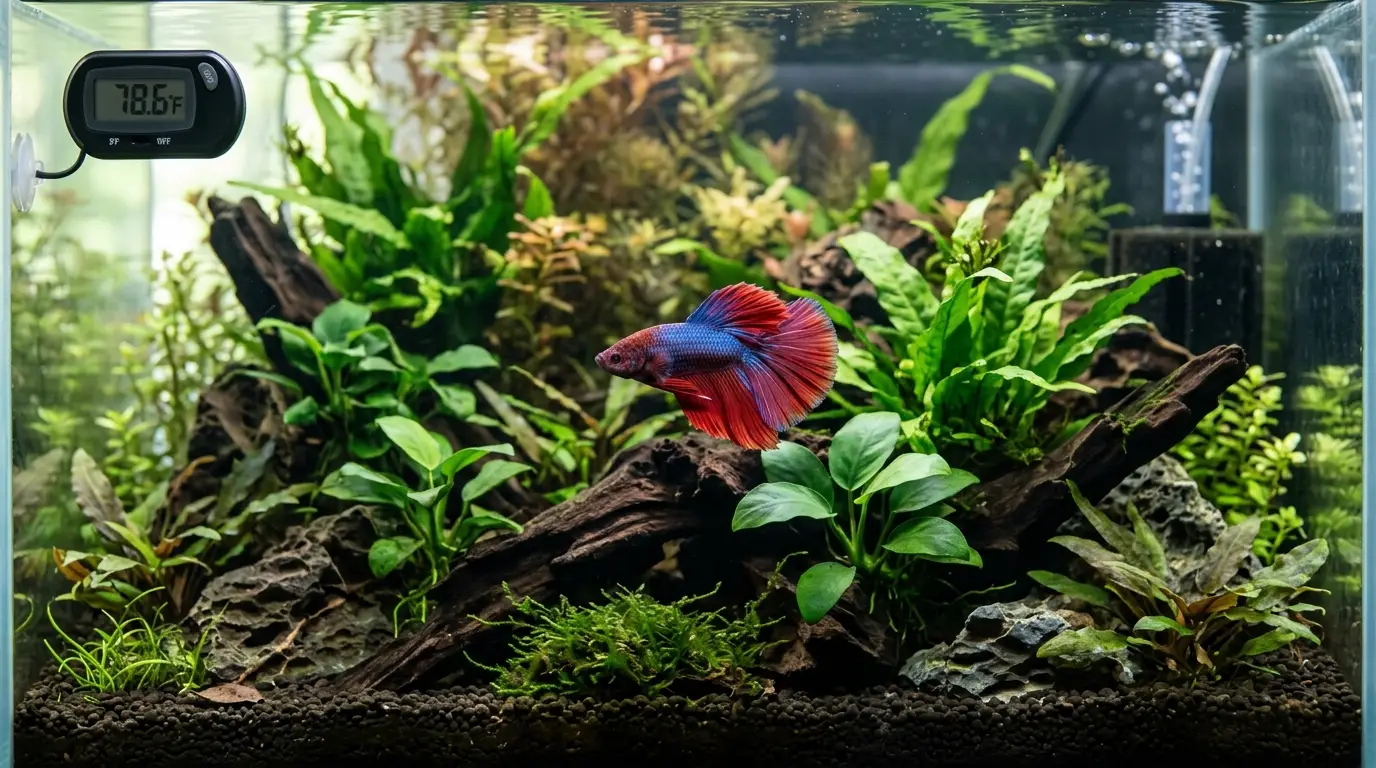 Healthy betta fish in a stable heated planted tank with thermometer and clean water