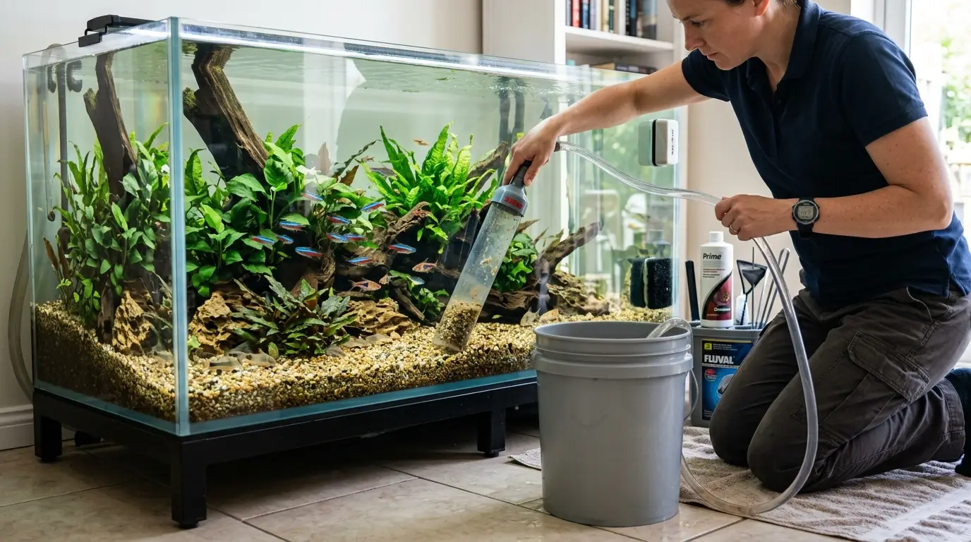 Aquarist performing a partial water change and removing debris from a freshwater aquarium substrate to reduce nitrate levels.