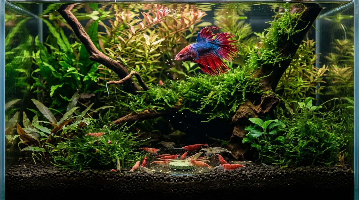 Betta eating small pellets while shrimp feed on algae wafers under aquarium plants.