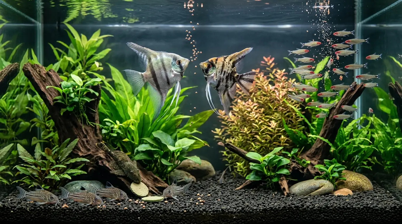 Angelfish feeding on one side of a planted aquarium while schooling tetras and Corydoras feed in separate areas