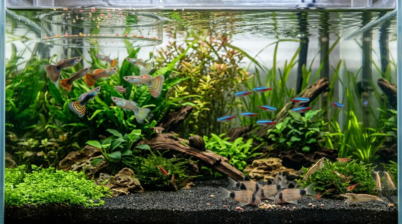 Guppies feeding at the surface while bottom fish receive sinking food in a planted community aquarium