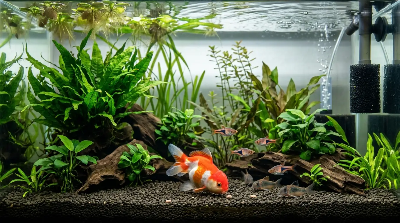 Healthy freshwater fish eating small sinking foods in a planted aquarium with gentle water flow.