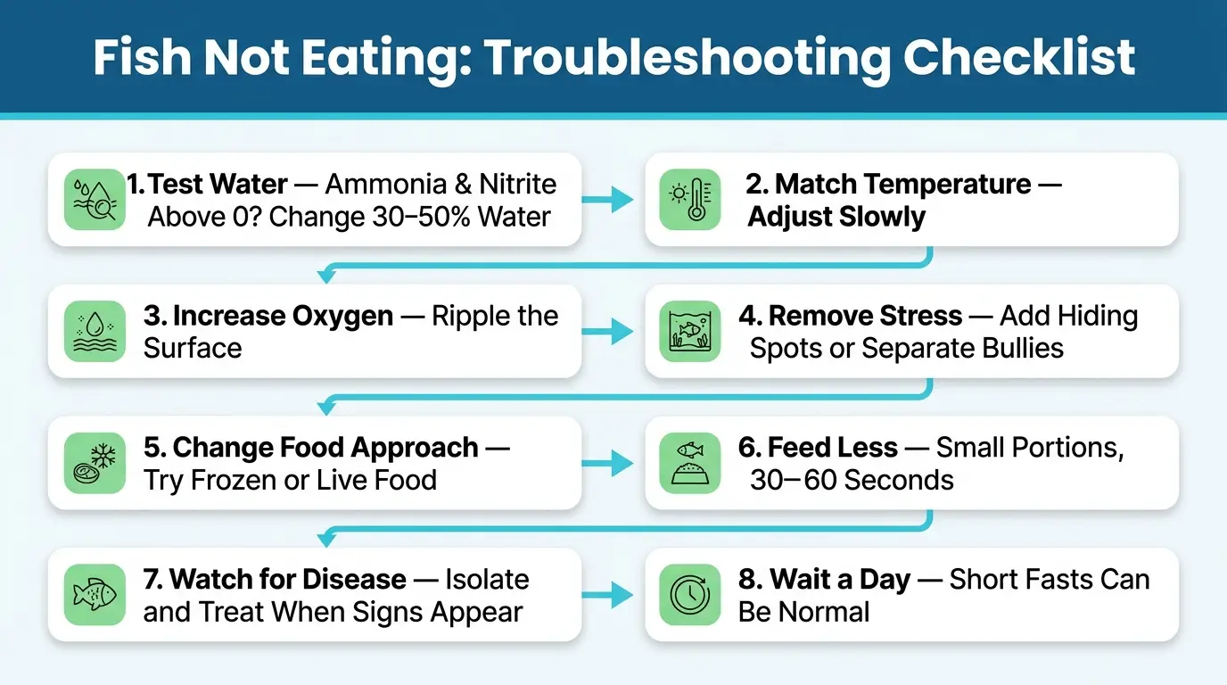 Step-by-step aquarium troubleshooting checklist for identifying why a fish has stopped eating.