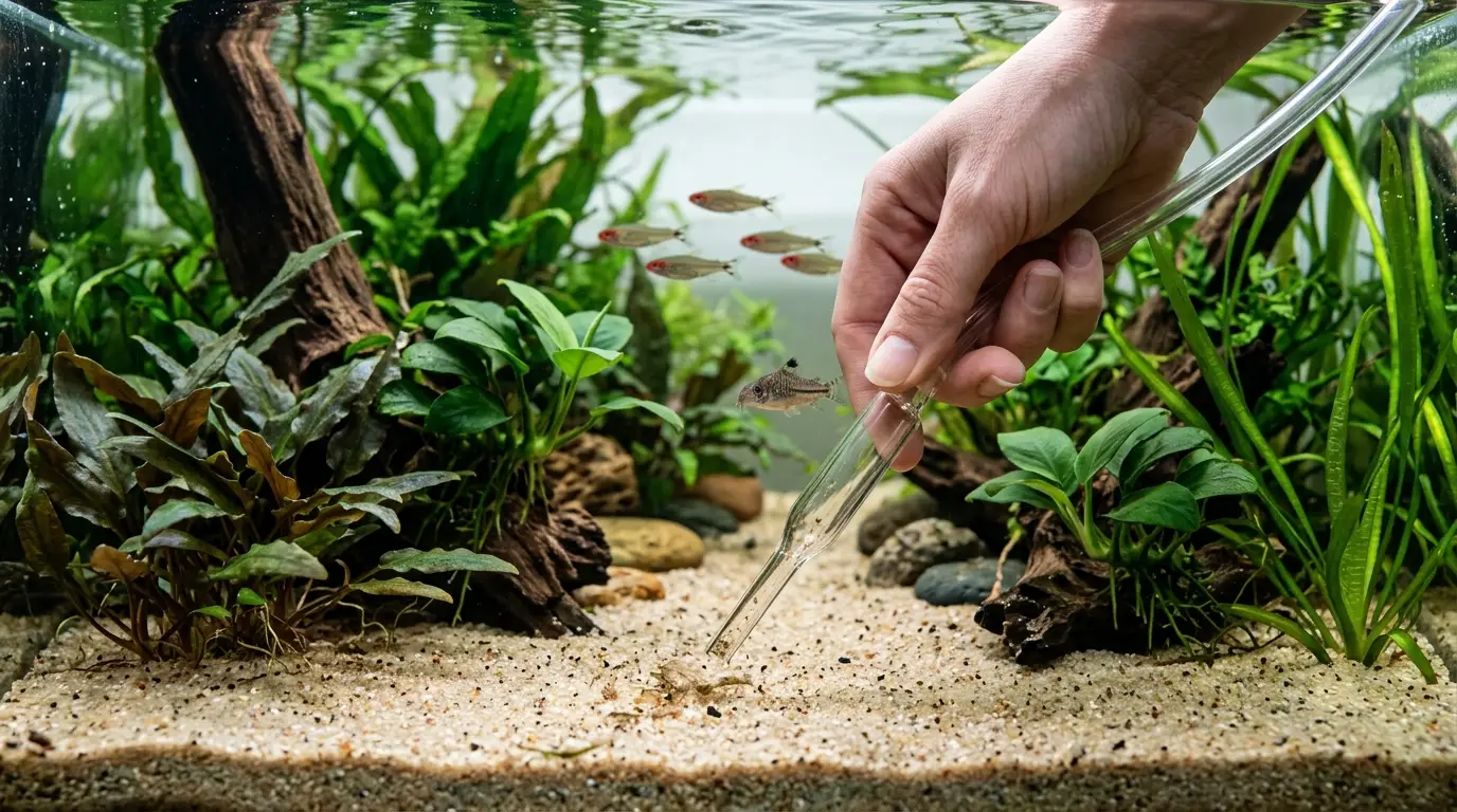 Aquarist gently cleaning sand around rooted aquarium plants while avoiding deep vacuuming