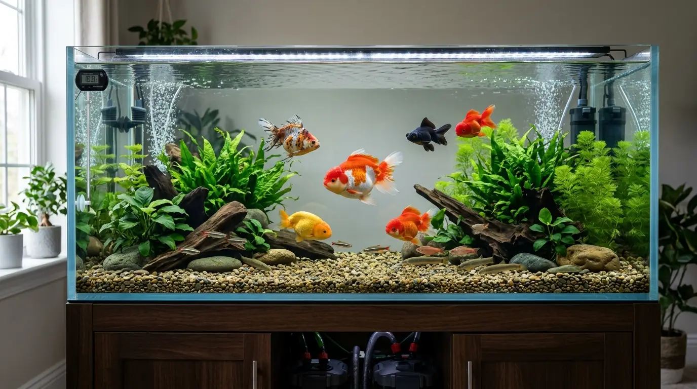 Large mixed temperate aquarium with goldfish, strong filtration, aquatic plants, open swimming space, and high oxygenation.