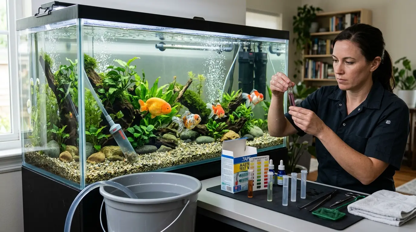 Aquarist testing aquarium water and performing maintenance on a large goldfish community tank with strong filtration.
