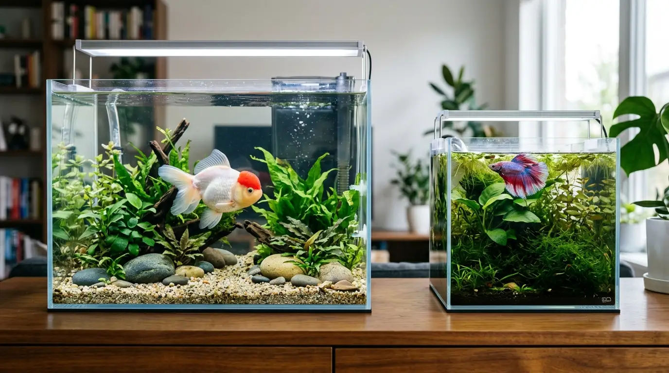 Fancy goldfish and betta fish shown in separate properly maintained aquariums with gentle flow and resting areas.