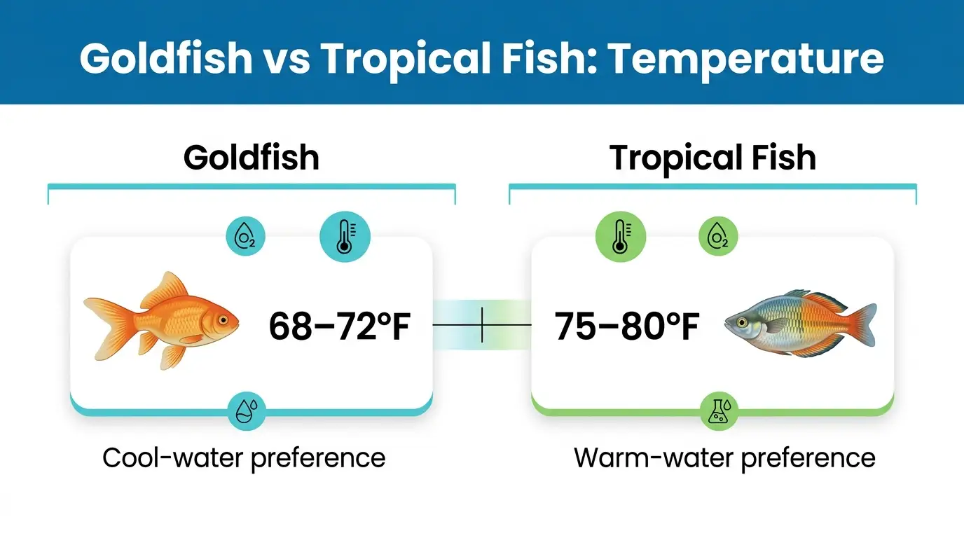 Fancy goldfish and tropical aquarium fish in contrasting aquatic environments illustrating their different preferred temperature ranges.