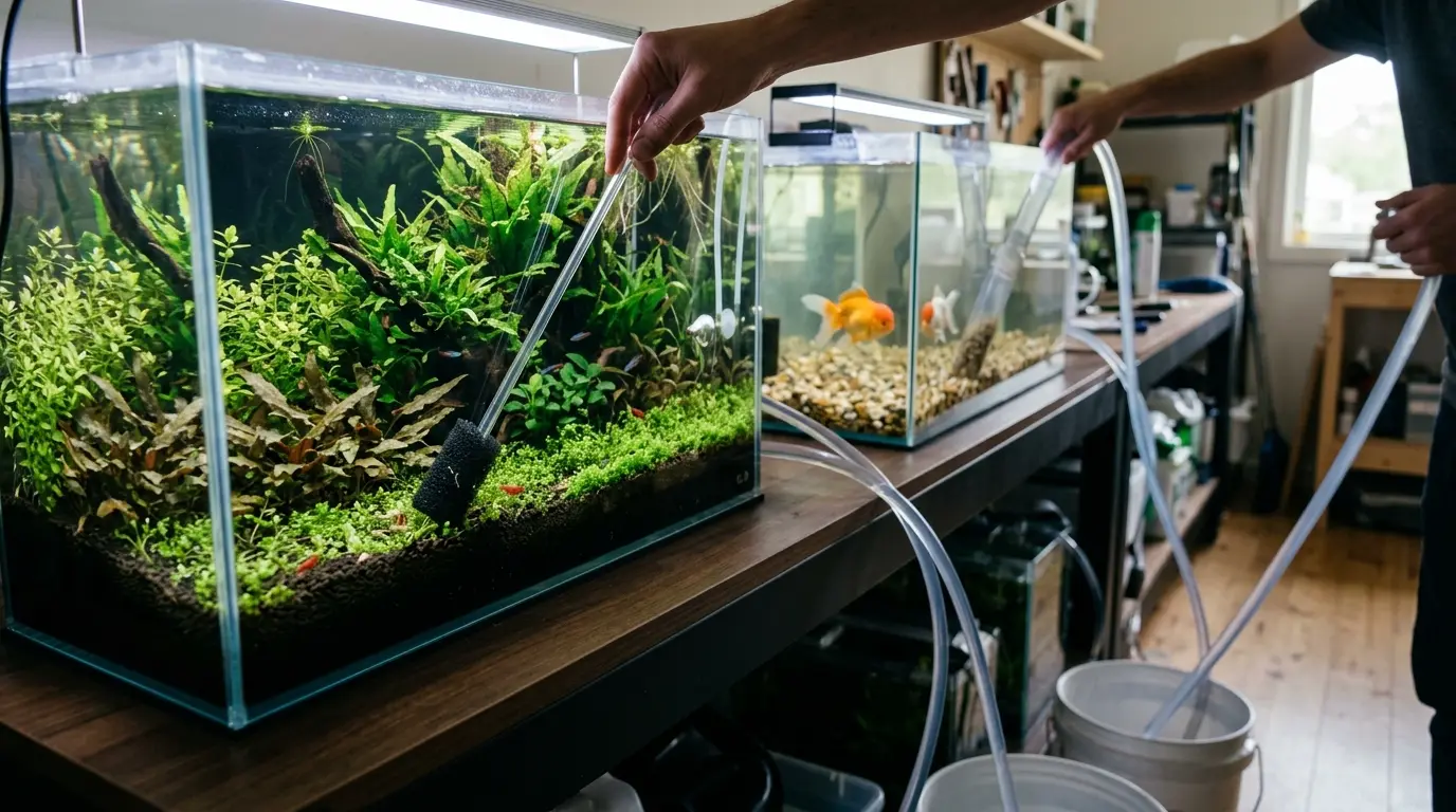 Planted aquarium with rooted plants, shrimp-safe gravel vacuum, and goldfish-style high-waste aquarium maintenance considerations