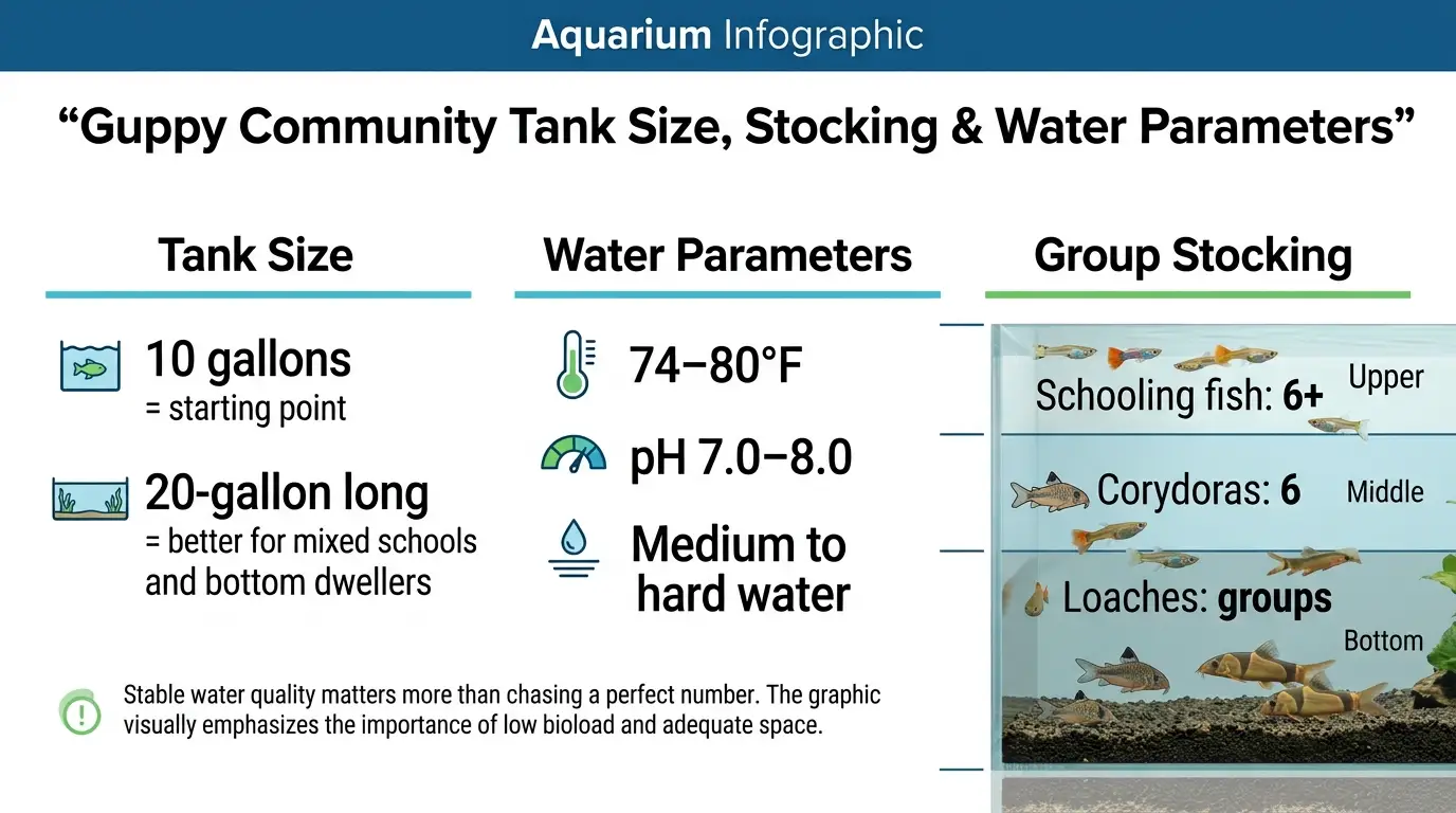 Guppy community aquarium water parameters and stocking zones for a 10 to 20 gallon planted tank