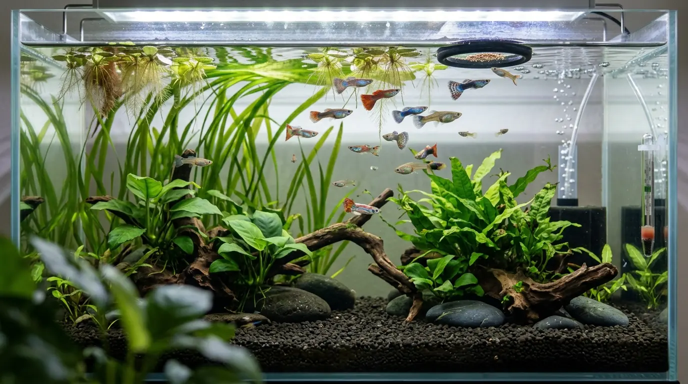 Healthy planted guppy aquarium with balanced stocking, effective filtration, live plants, and clean water.