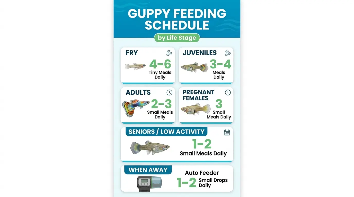 Educational feeding schedule showing different daily meal frequencies for guppy fry, juveniles, adults, pregnant females, and senior fish.