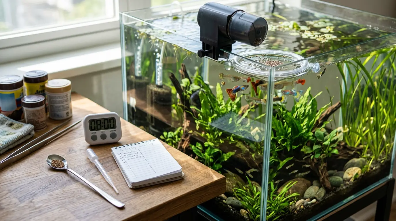 Aquarium feeding ring, automatic feeder, pipette, spoon, and timer arranged for controlled guppy feeding.