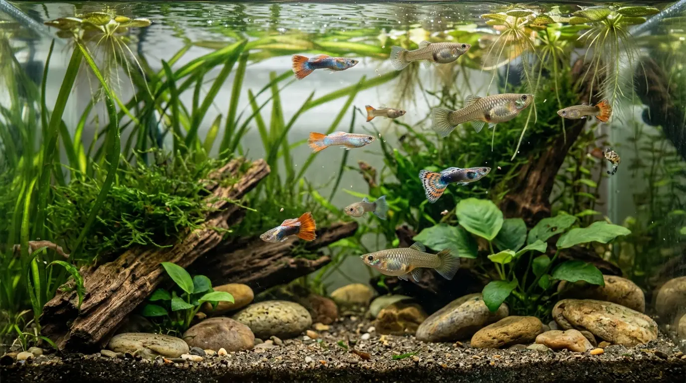 Active guppies grazing on tiny food particles throughout a warm planted freshwater aquarium.