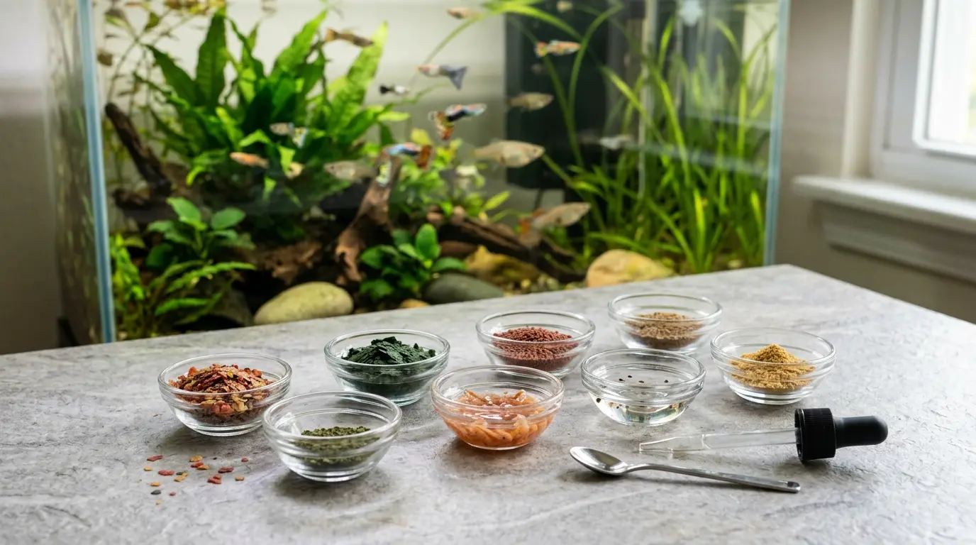 A variety of guppy foods including flakes, micro pellets, daphnia, baby brine shrimp, and spirulina arranged for feeding rotation.