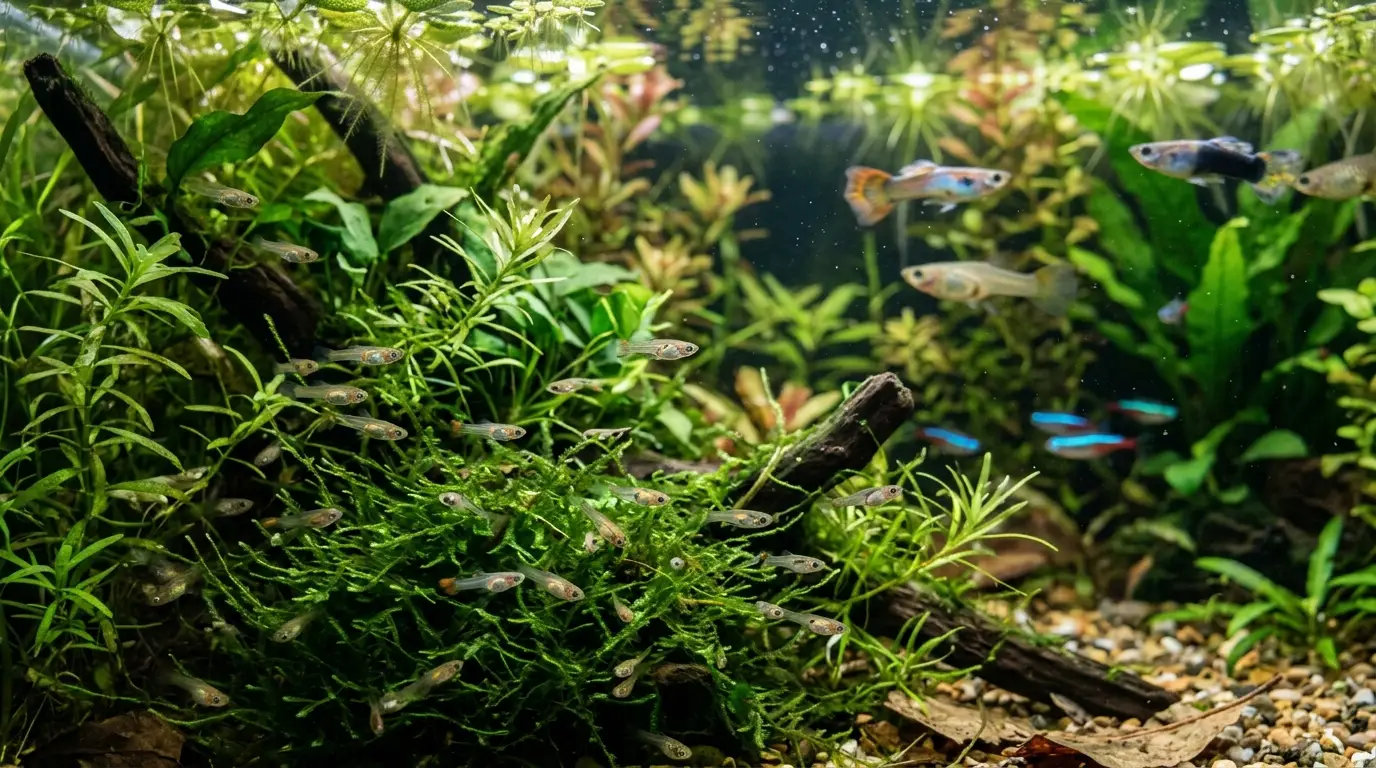 Guppy fry hiding safely among dense Java moss and floating plants in a community aquarium