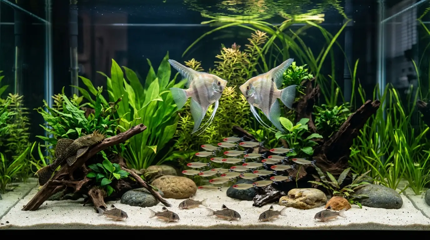 Healthy adult angelfish peacefully swimming with schooling tetras and Corydoras in a clean mature planted community aquarium
