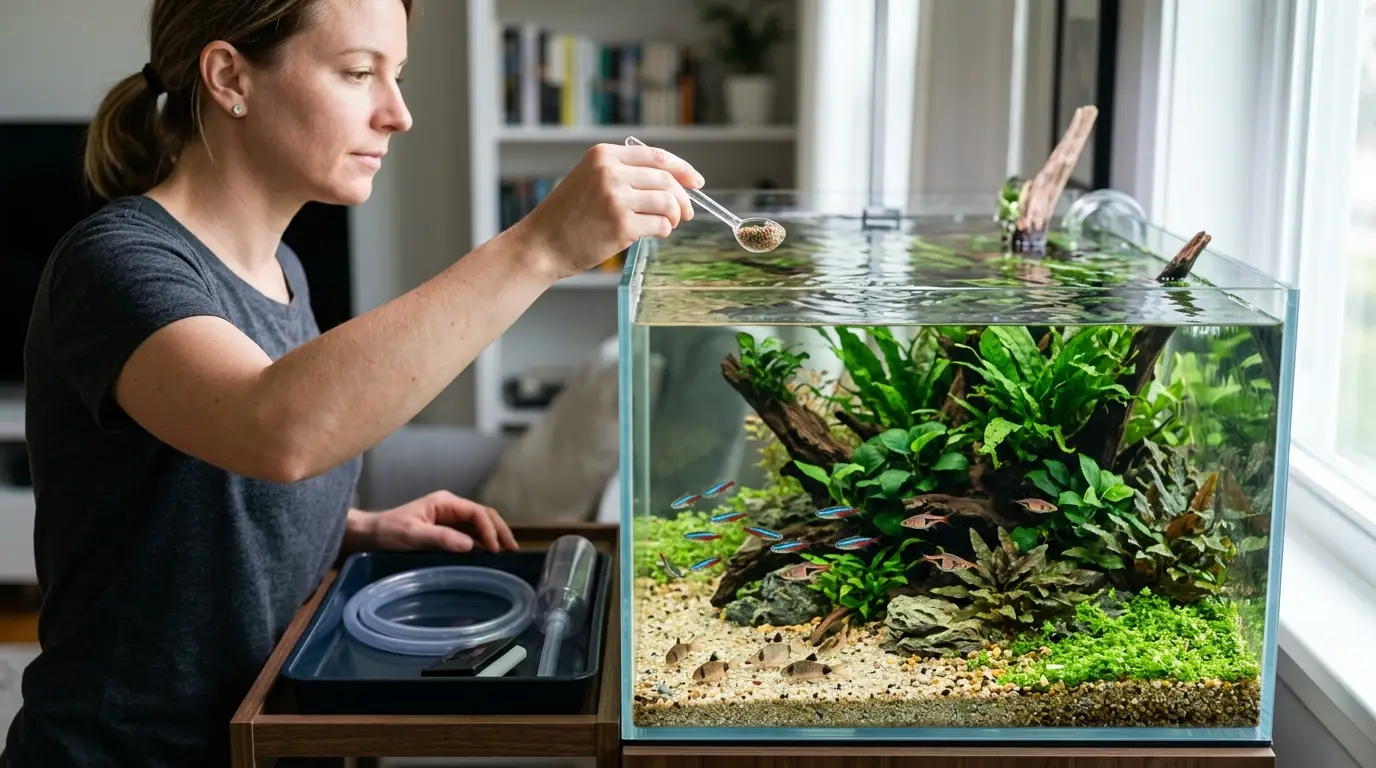 Aquarist measuring a small portion of fish food while maintaining a clean planted freshwater aquarium.