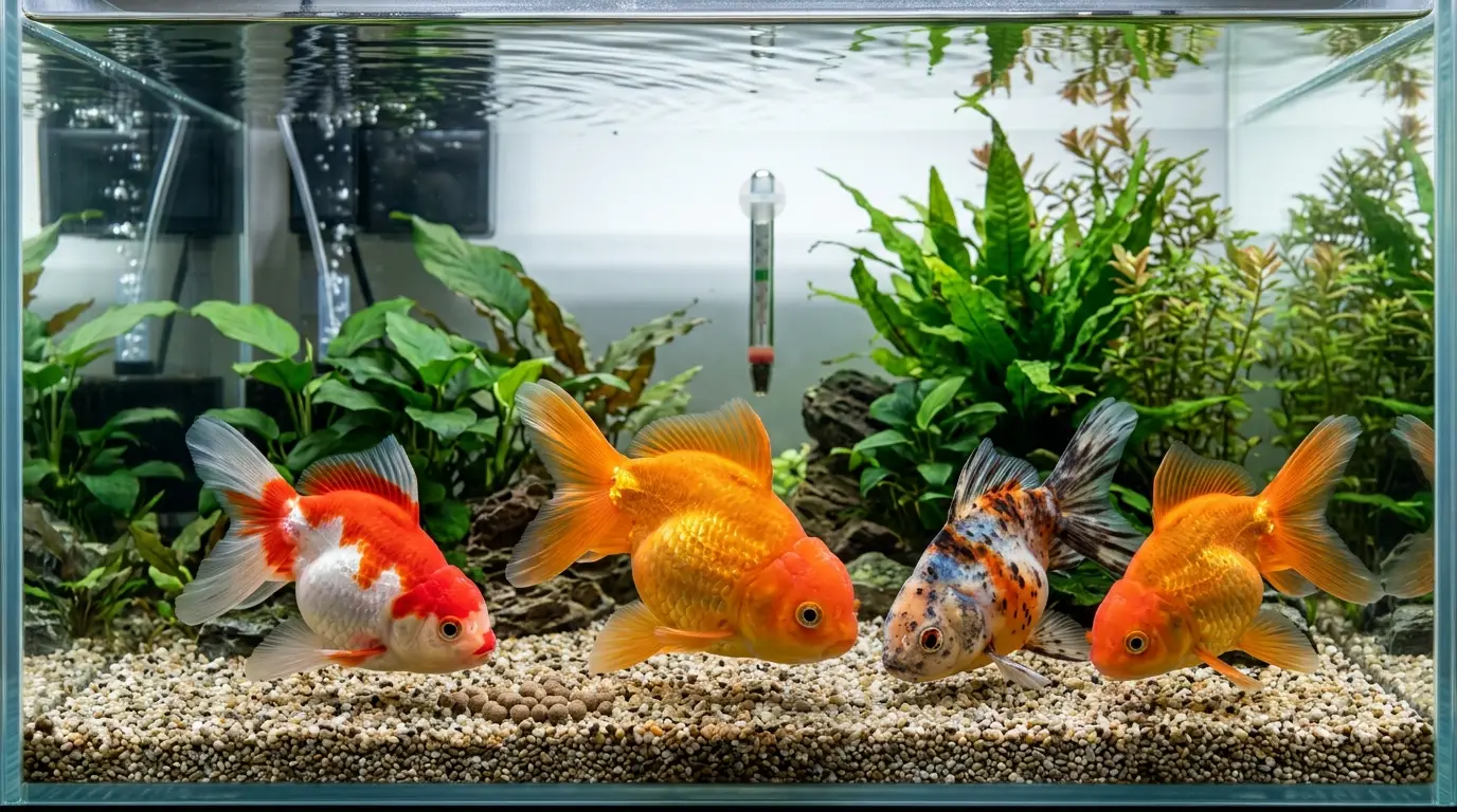 Healthy goldfish eating a controlled meal in clear aquarium water with active filtration and healthy plants
