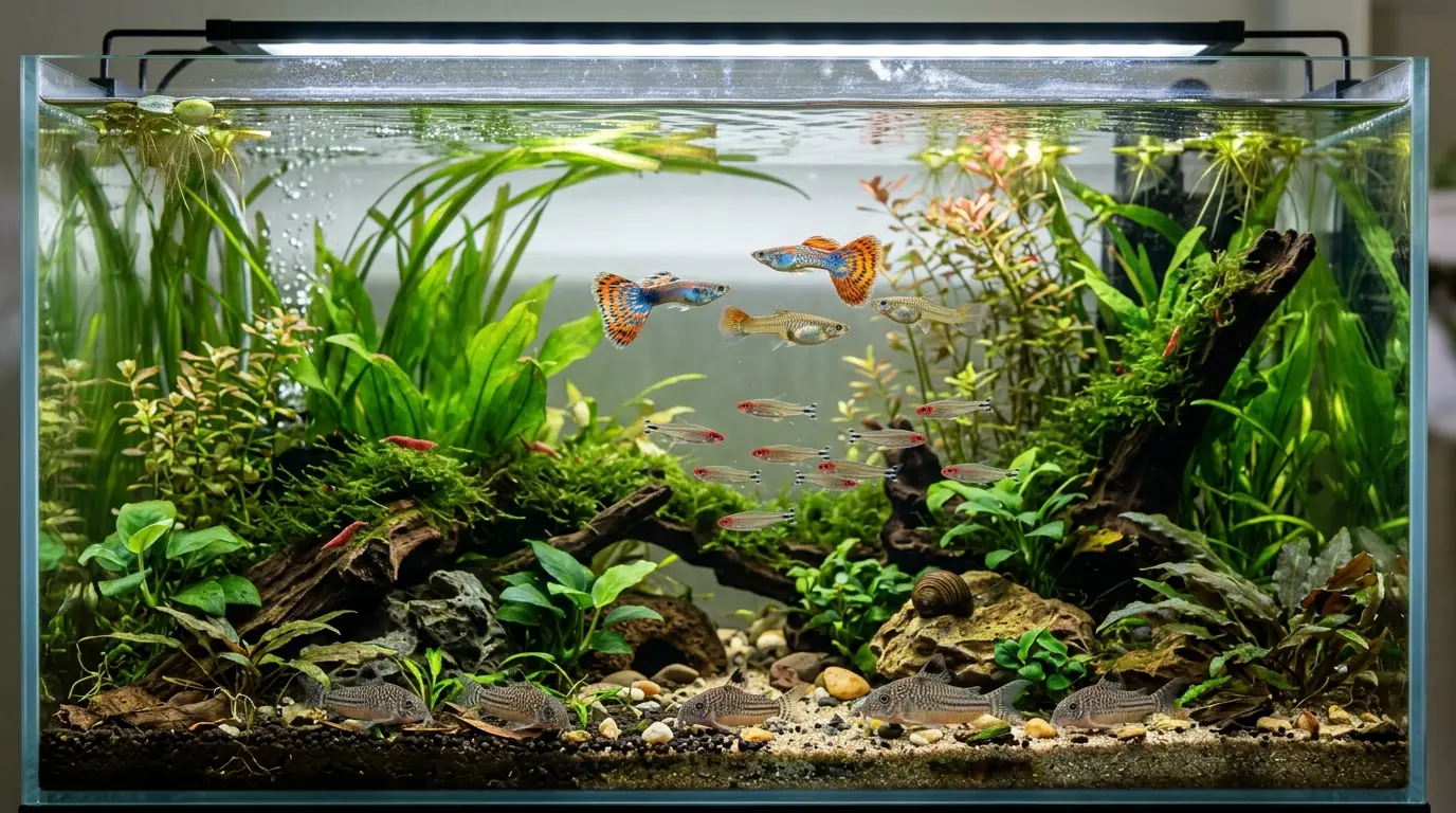 Healthy guppies and peaceful community fish thriving together after careful introduction in a planted aquarium
