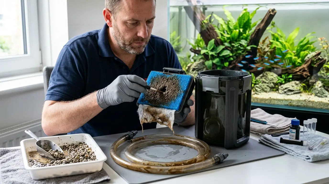 Aquarist inspecting dirty mechanical filter media and accumulated organic debris inside an aquarium filtration system.