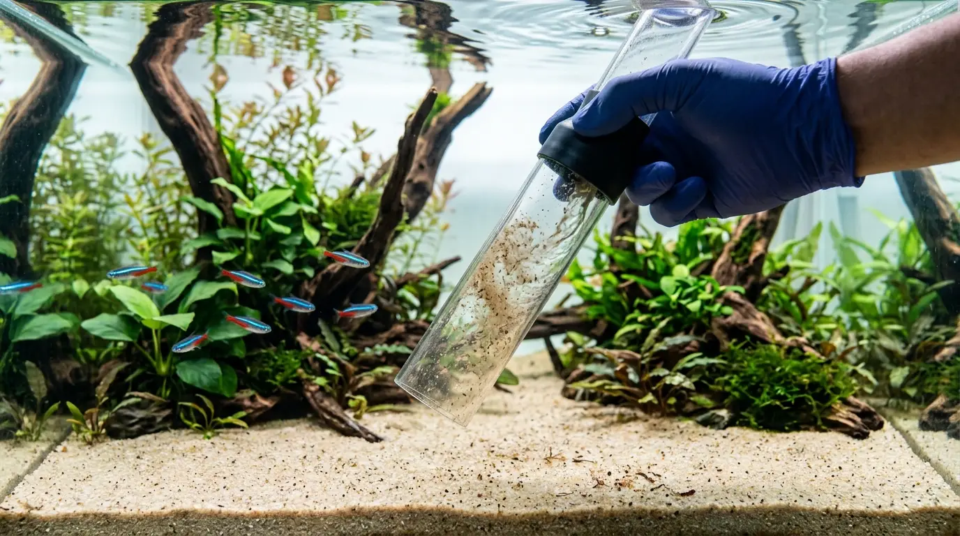 Aquarium siphon hovering above fine sand while removing surface debris without sucking up the substrate