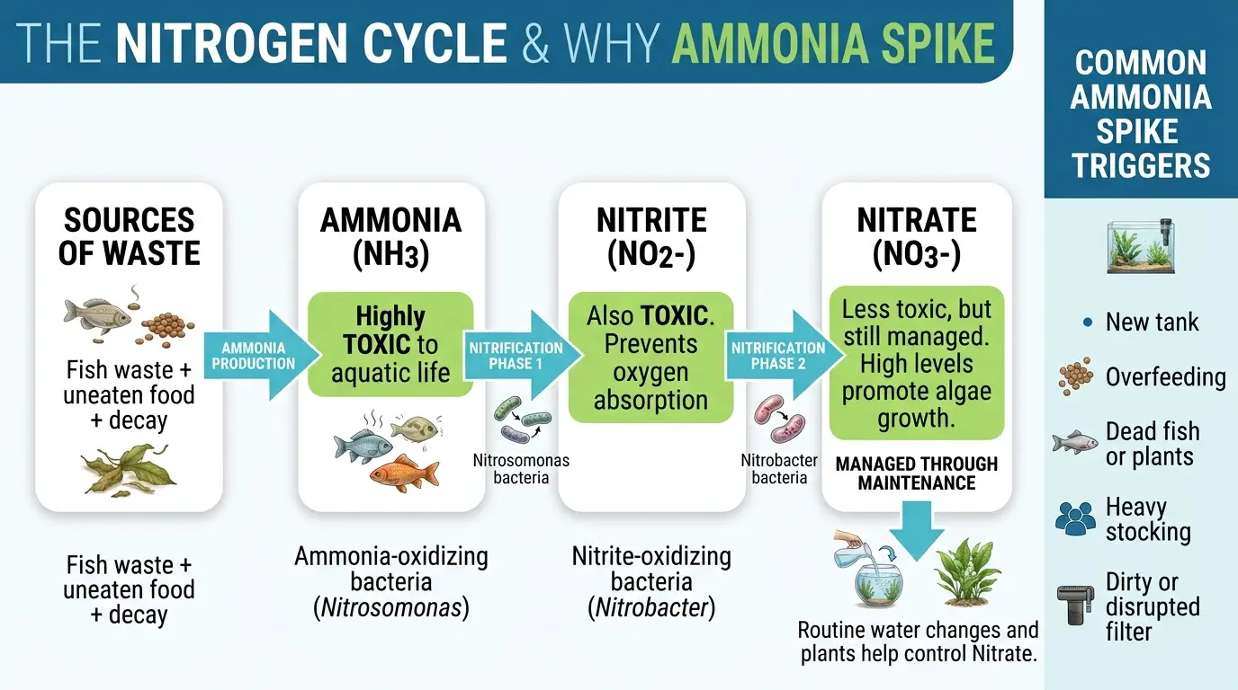 Aquarium nitrogen cycle showing waste becoming ammonia, nitrite and nitrate through beneficial bacteria