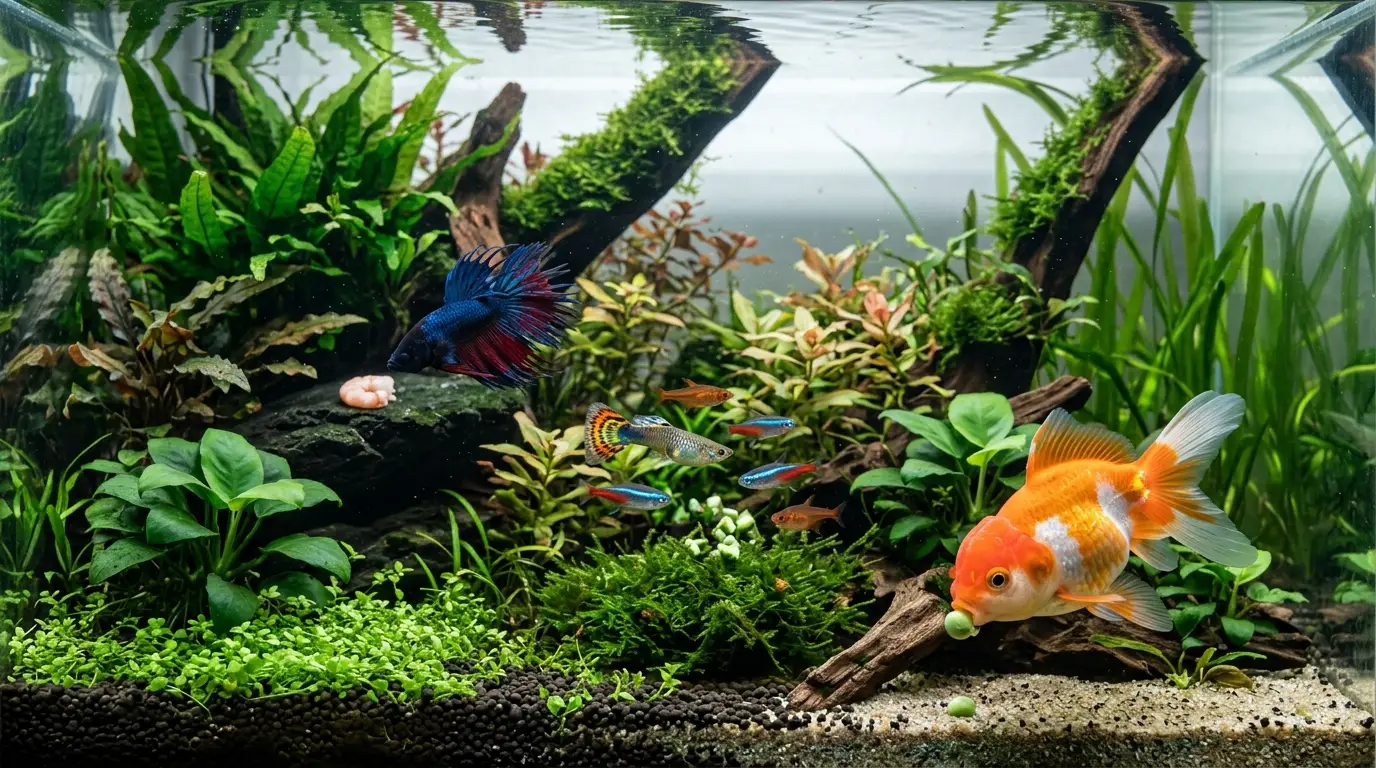 Freshwater fish with different feeding behaviors shown alongside appropriately sized plant and protein foods.