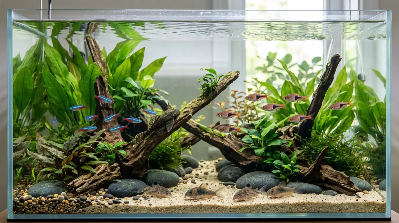 Healthy adult freshwater fish calmly swimming in a mature planted aquarium during a short feeding break.