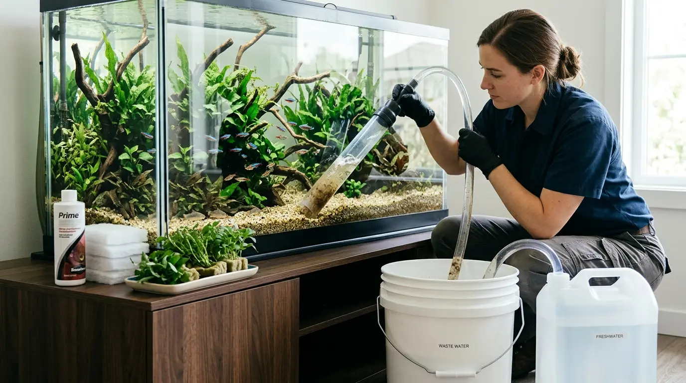 Aquarist performing a large partial water change while removing debris and maintaining a freshwater aquarium.
