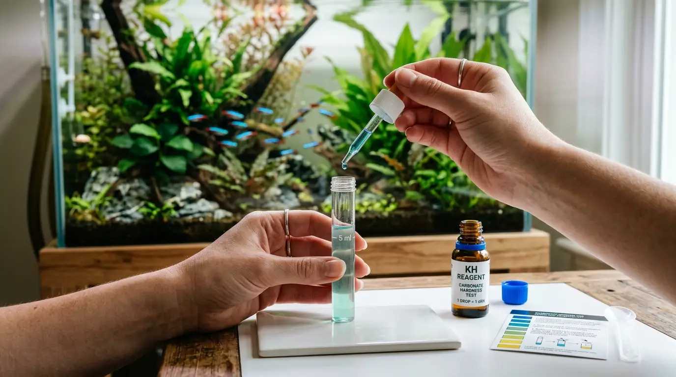 Aquarist performing a carbonate hardness KH titration test using aquarium water and a liquid drop-count test kit.