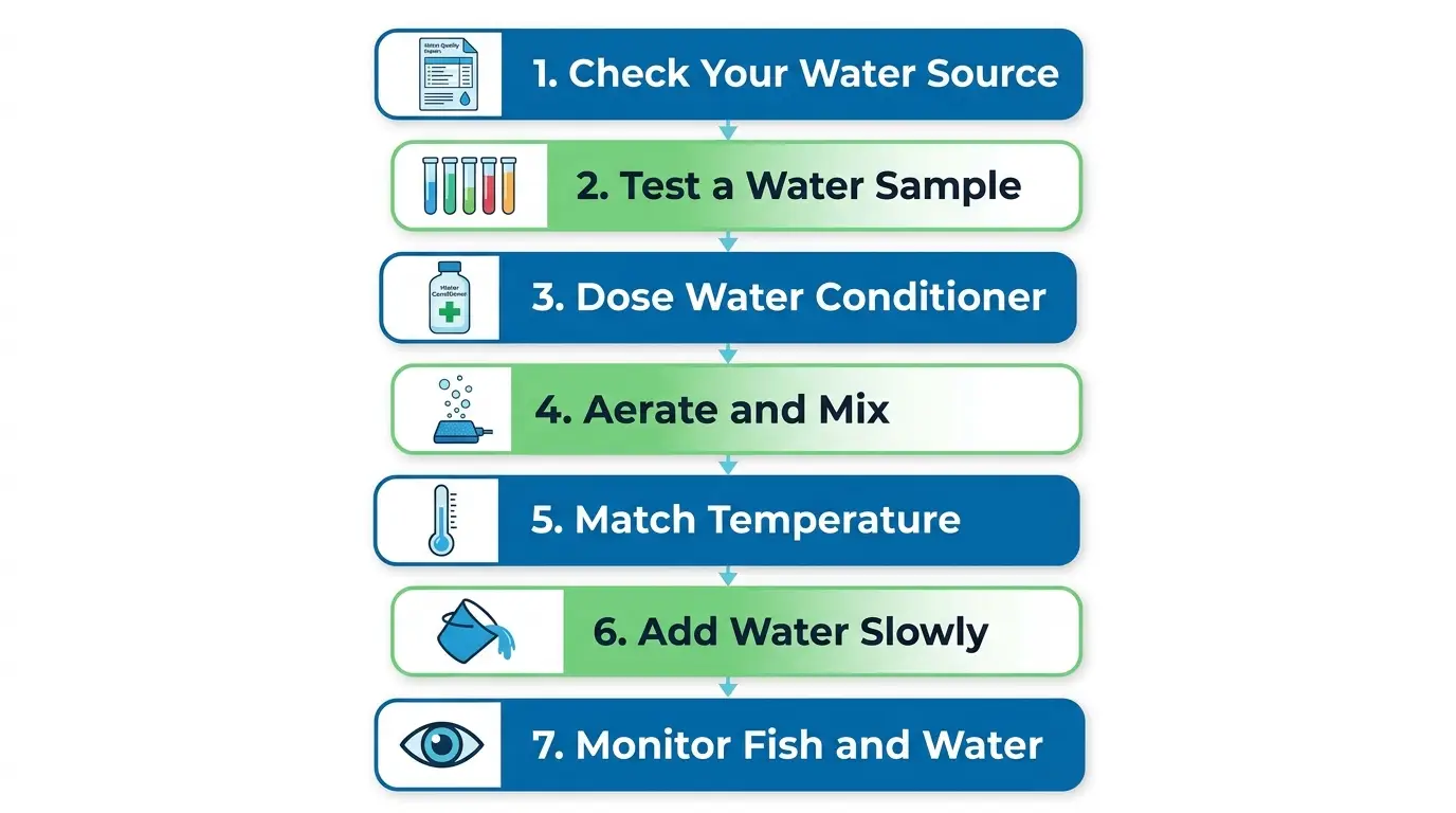 Step-by-step aquarium tap water preparation process including water testing, conditioning, aeration, temperature matching, and safe refilling.