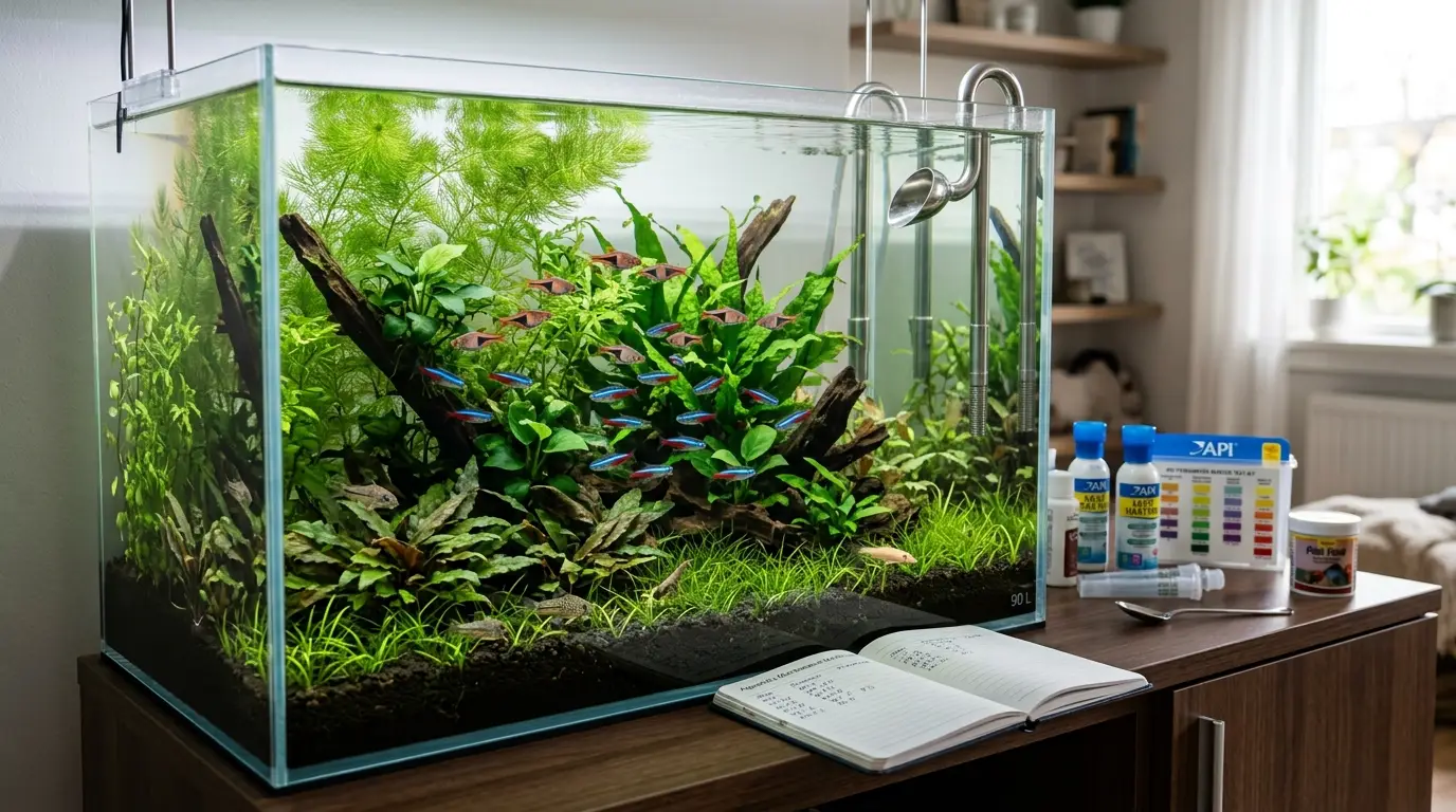 Healthy planted freshwater aquarium with strong biological filtration, live plants, moderate stocking, and organized maintenance equipment.