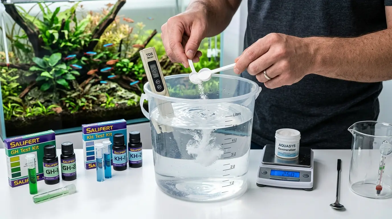 Aquarist measuring remineralizer into distilled water and testing GH and KH