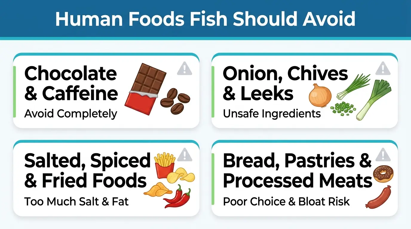 Unsafe seasoned, salty, sugary, fatty, and processed human foods separated from a freshwater aquarium.