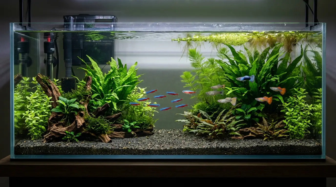 Properly planted 20-gallon long aquarium setup for guppies and neon tetras