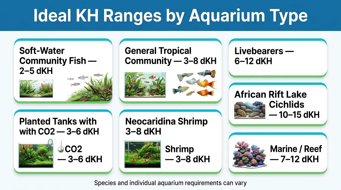 Aquarium KH range comparison for soft-water fish, tropical community tanks, livebearers, African cichlids, planted tanks, shrimp, and reef aquariums.