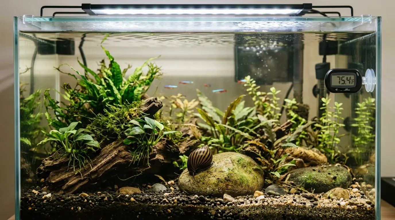 Planted aquarium with nerite snail, hardscape, gentle filtration, tight lid, thermometer, and stable mineral-rich water