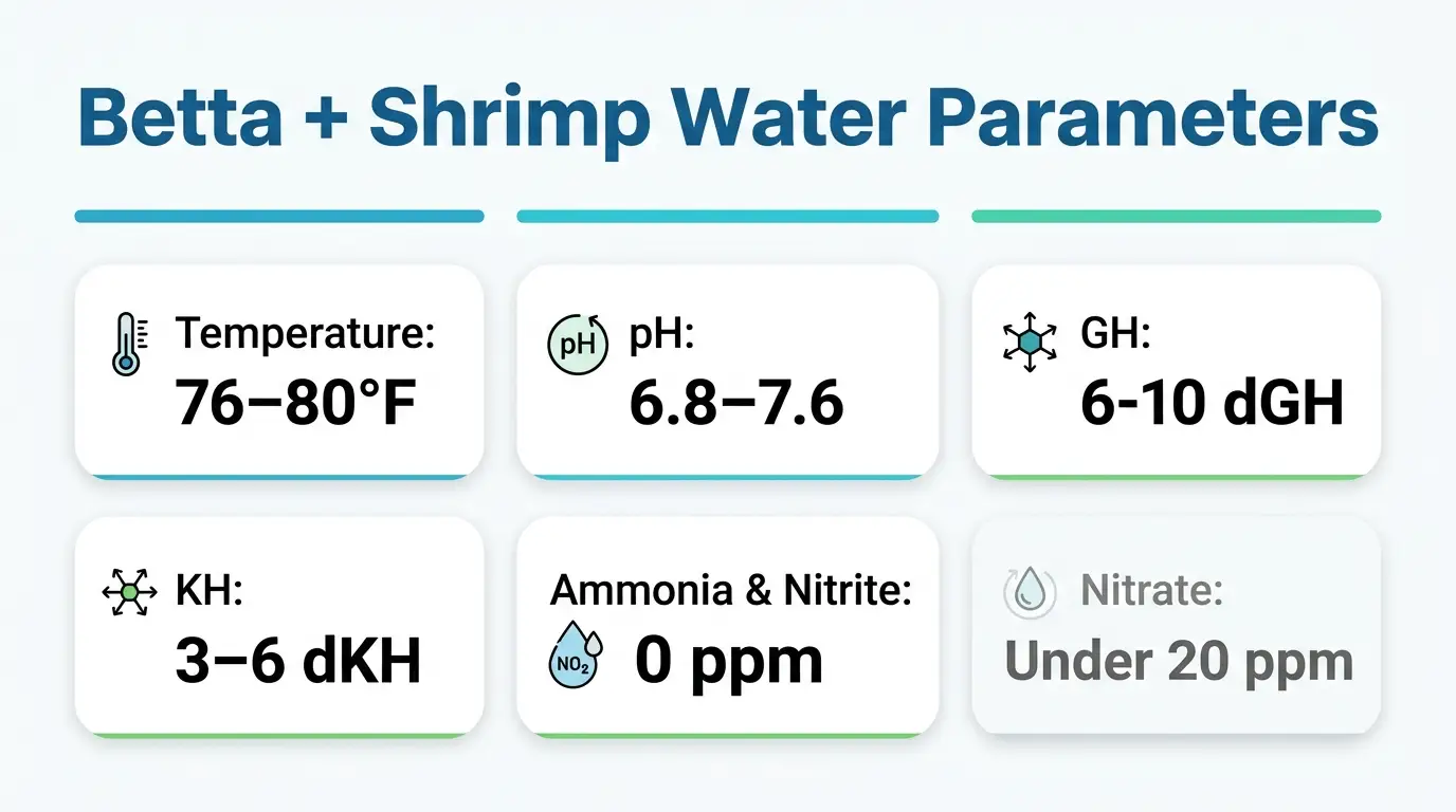 Aquarium water testing setup showing stable water parameters for a betta and shrimp community tank.