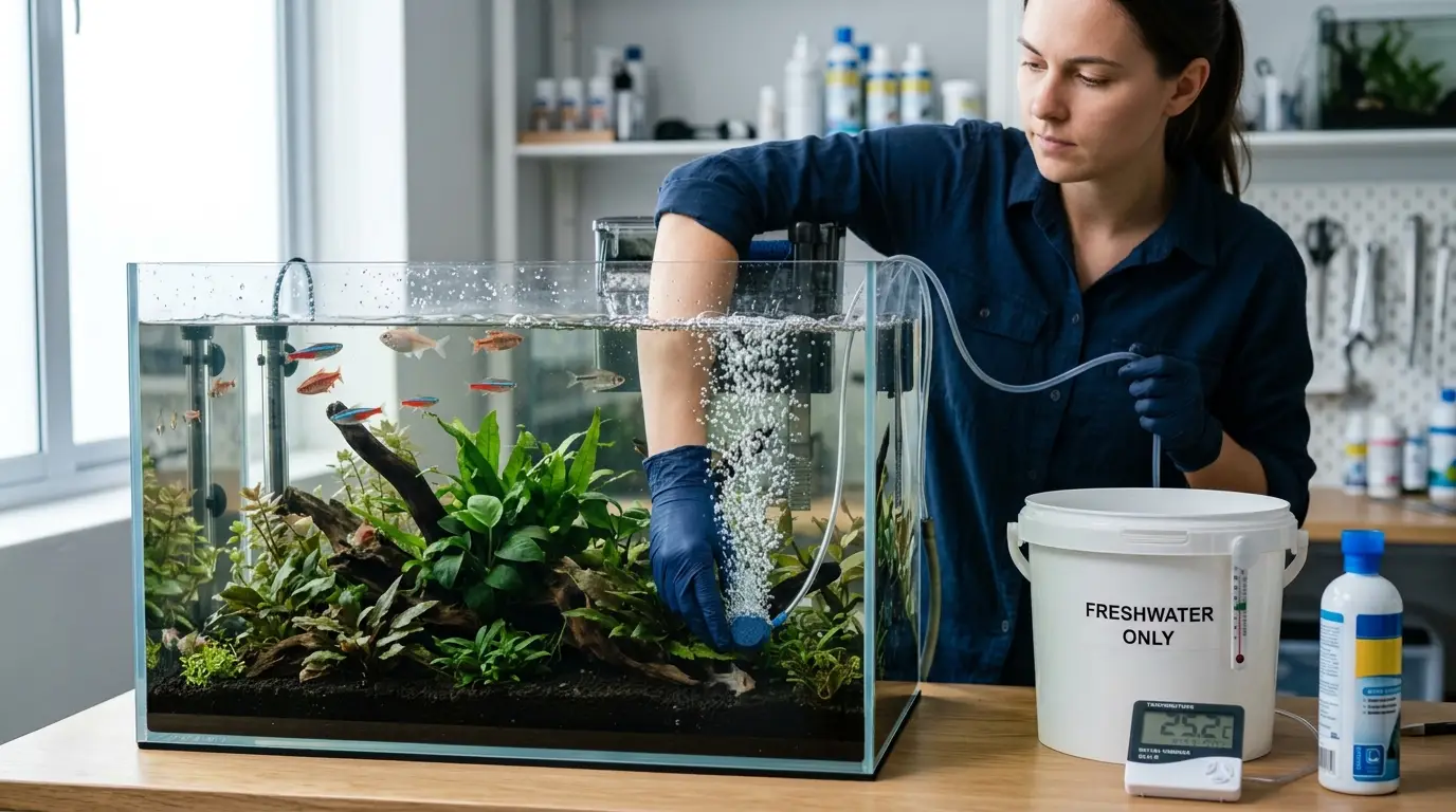 Aquarist improving aquarium aeration and performing a partial water change for stressed fish.