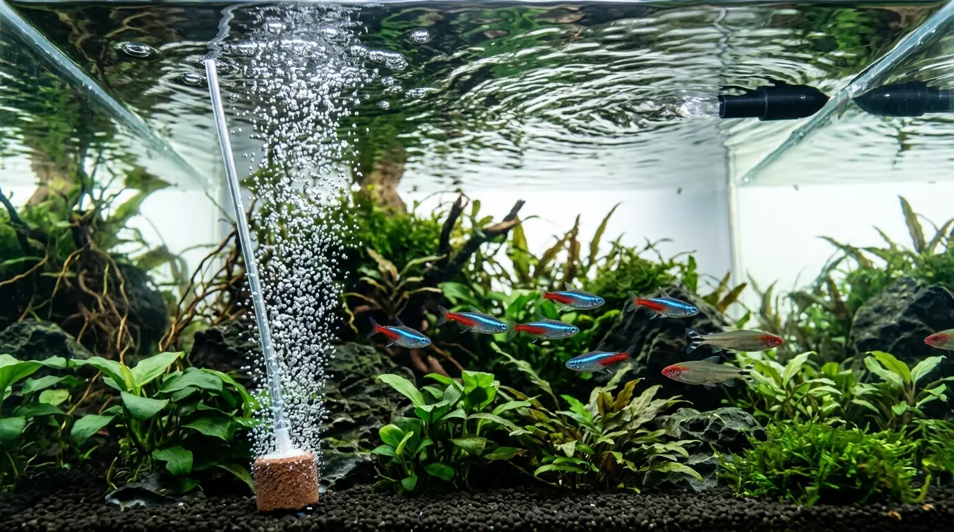 Aquarium air stone and filter outflow creating gentle surface ripples to improve gas exchange and support pH stability